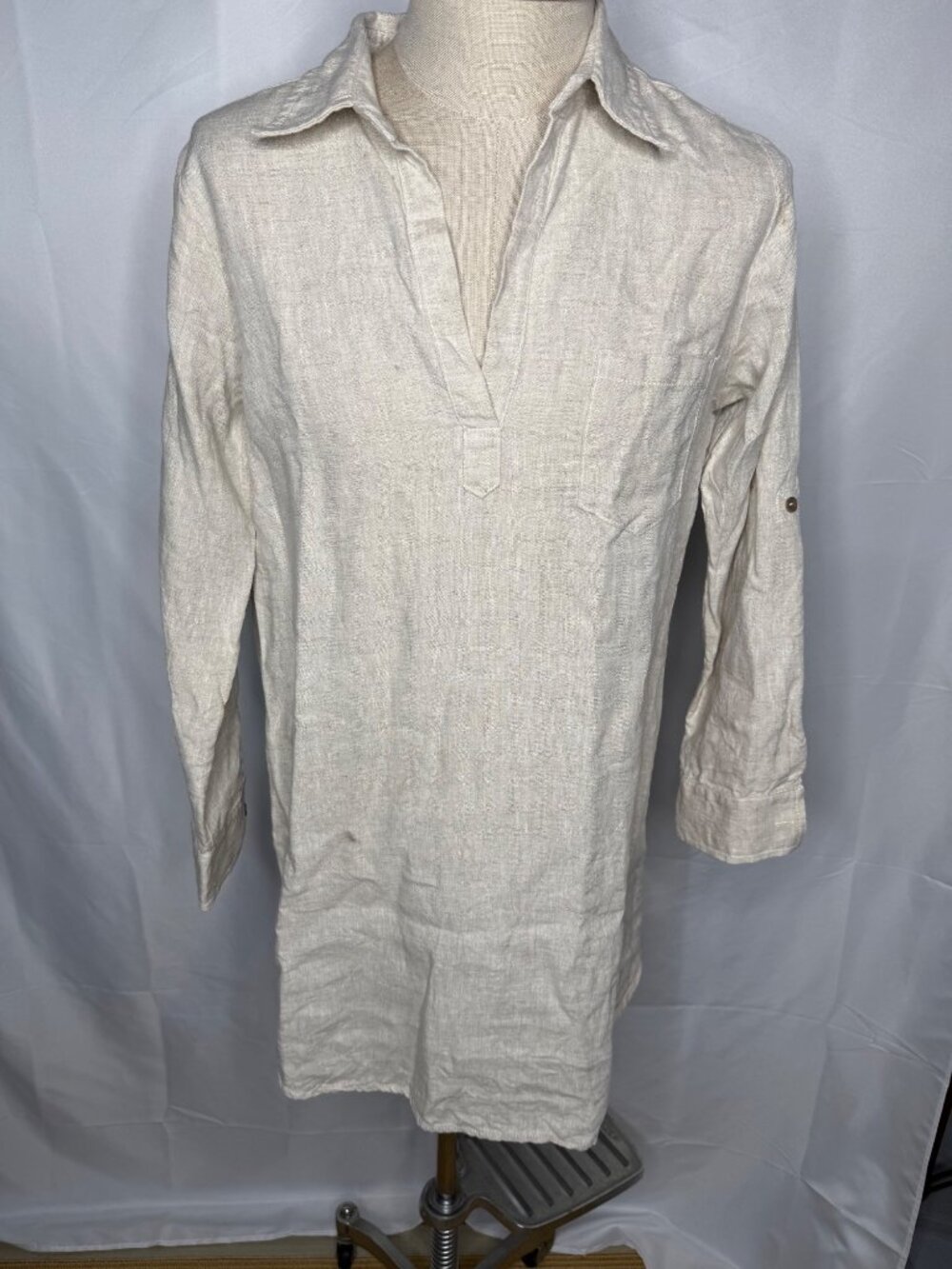 Karen Kane Beige Linen Long Sleeve Dress Size L Midi Collar V Neck